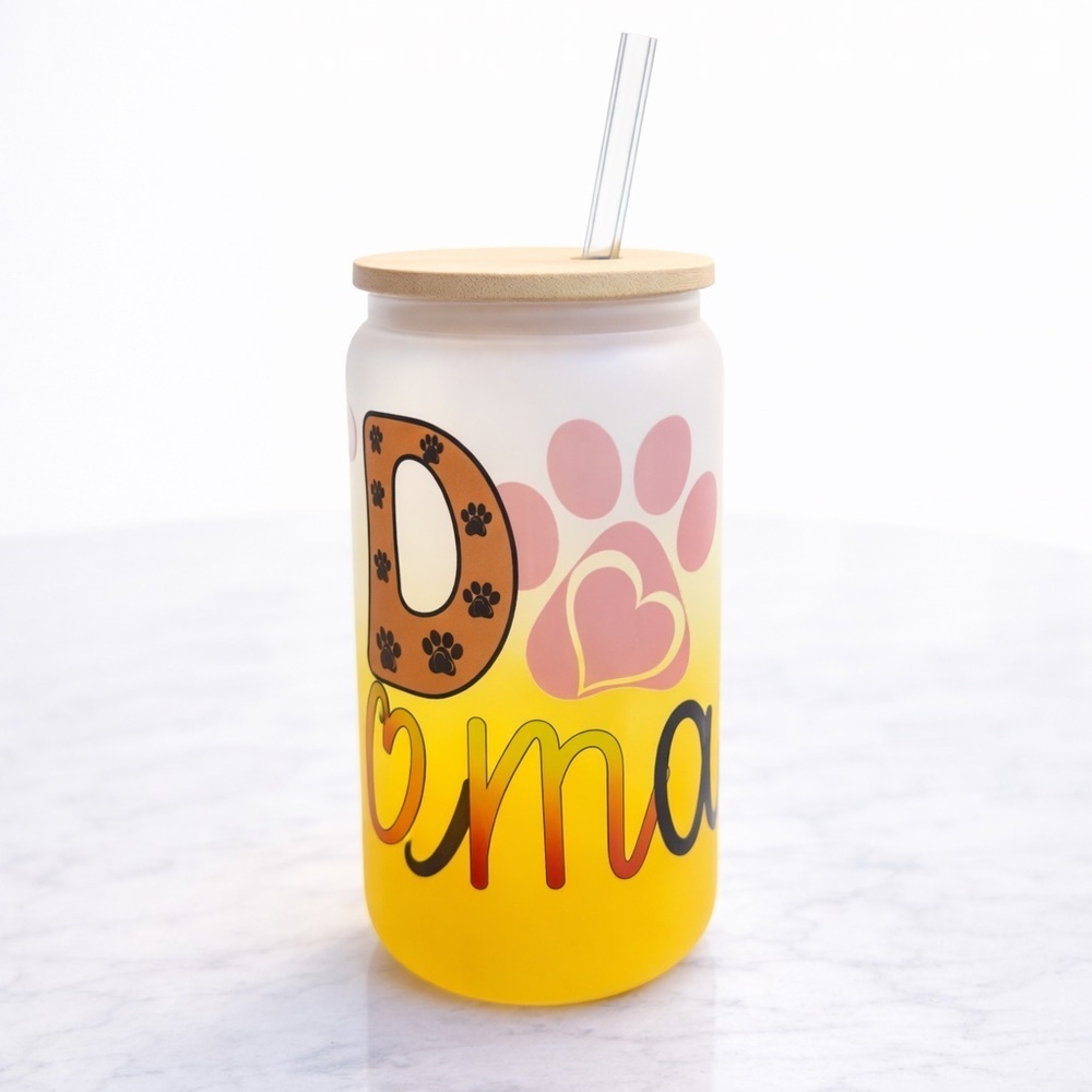Yellow Ombre Dog Mama 16 oz Glass Tumbler